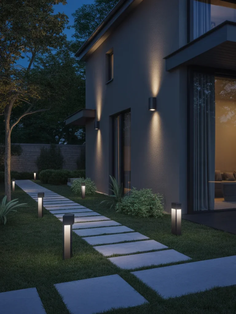 Modern outdoor pathway lighting illuminating a contemporary home at night