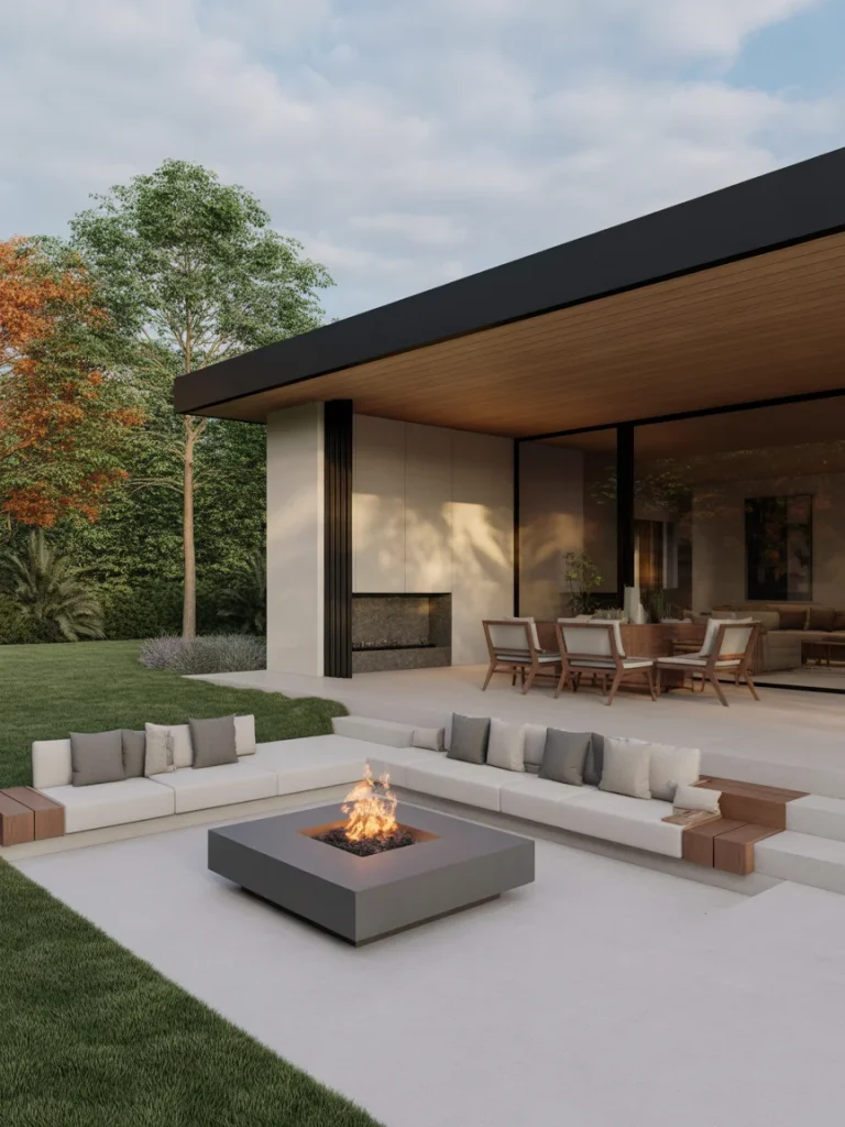 Modern outdoor entertaining space with built-in seating and fire pit