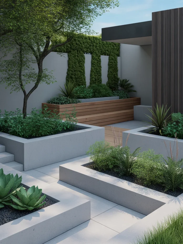 Modern landscaping with raised concrete and wood planters for structure and dimension
