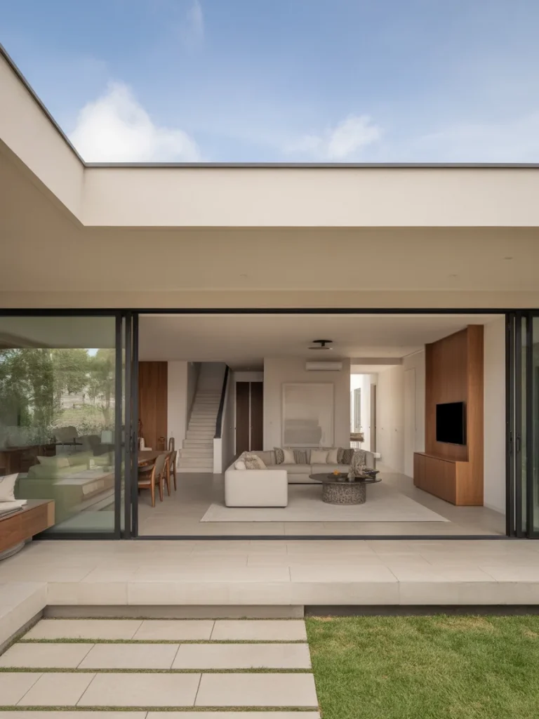 Modern home with large sliding glass doors creating seamless indoor–outdoor living