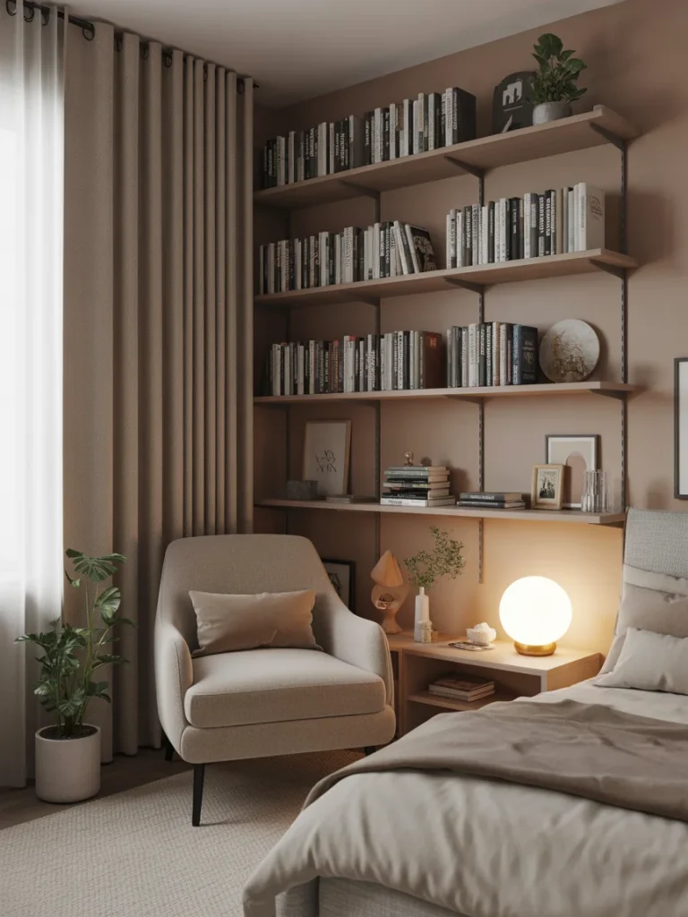 Shelves for books and cozy reading corner with built-in shelves, armchair, and warm lighting