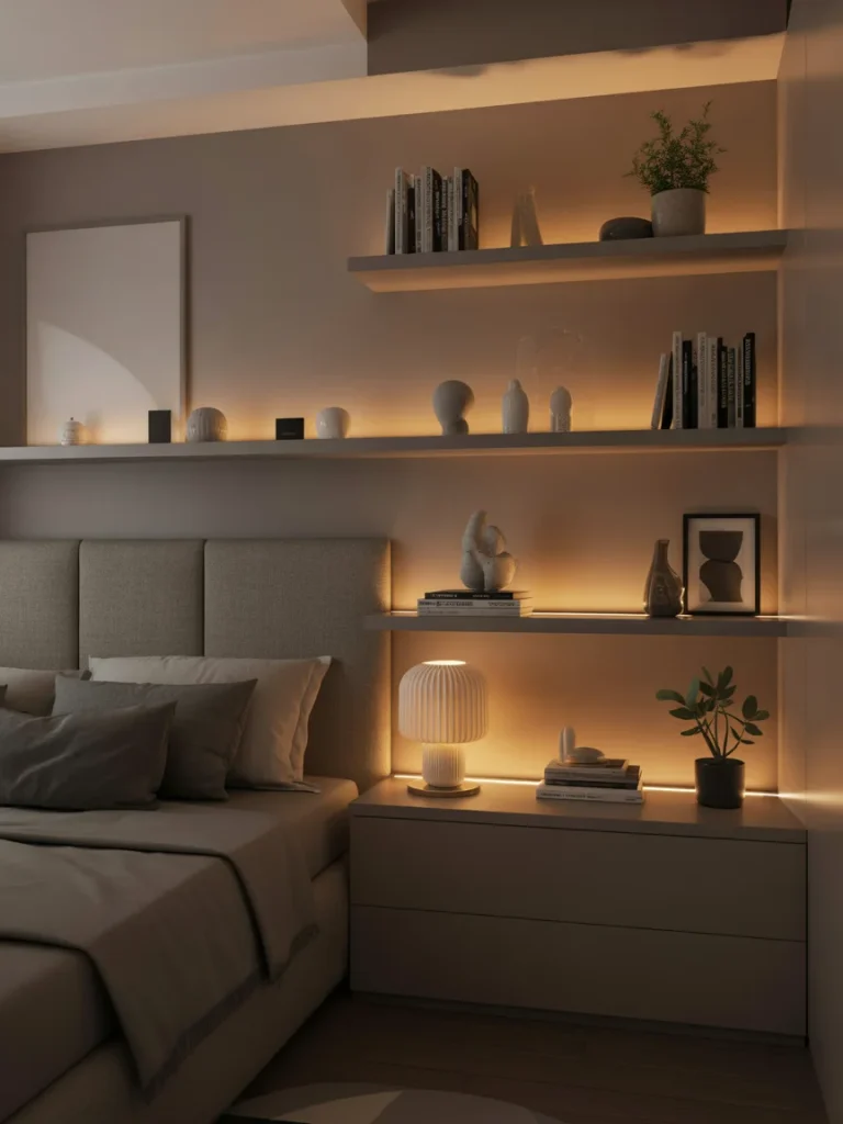 Bedroom shelves with warm LED lighting creating a soft, cozy ambiance above the bed