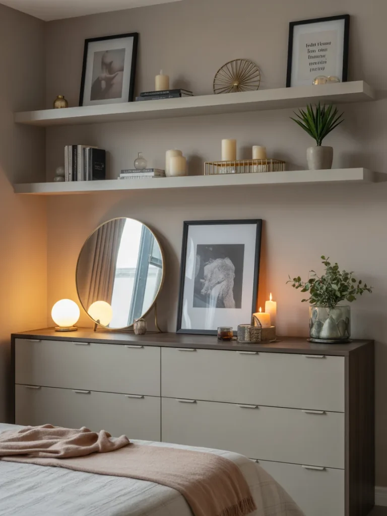 Shelving above dressers and vanities with framed art, candles, plants, and decorative accents