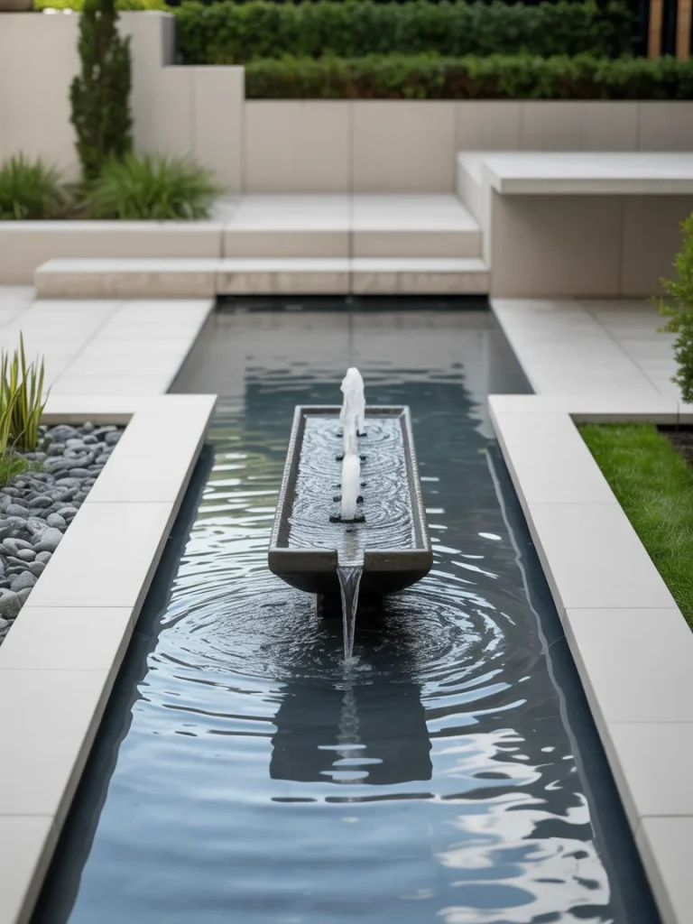 Modern rectangular water feature with minimalist fountain and clean stone edges