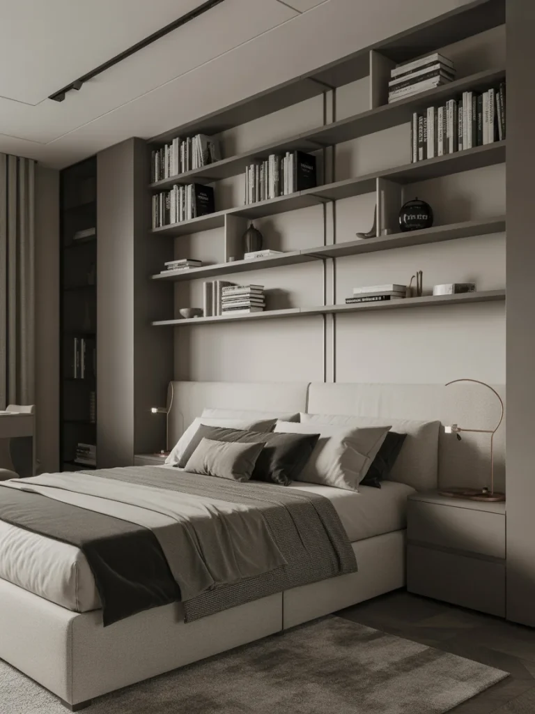Sleek modern shelves with clean finishes and built-in storage above the bed