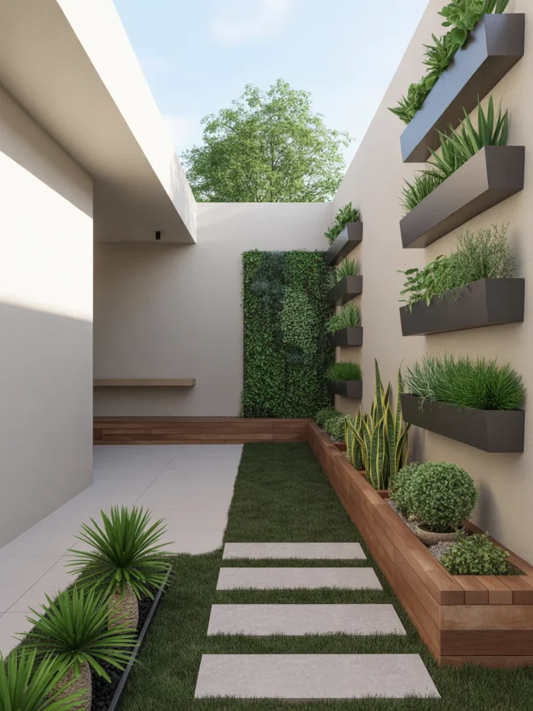 Smart small yard design with vertical planters, raised beds, and modern concrete stepping stones