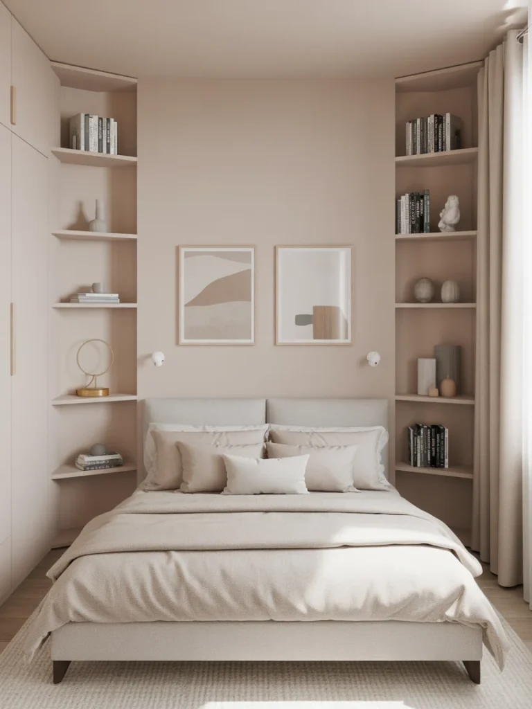 Smart shelf solutions for small bedrooms with built-in shelves framing the bed
