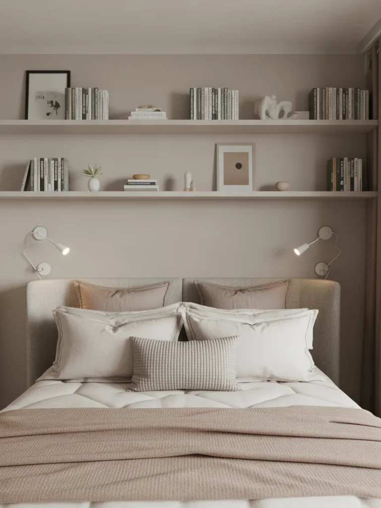 Statement shelves above the bed with long wall shelves, books, and neutral decor