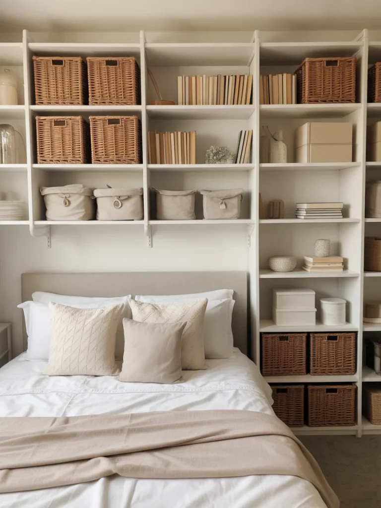 Storage-focused shelving for better organization with baskets, books, and boxes above the bed