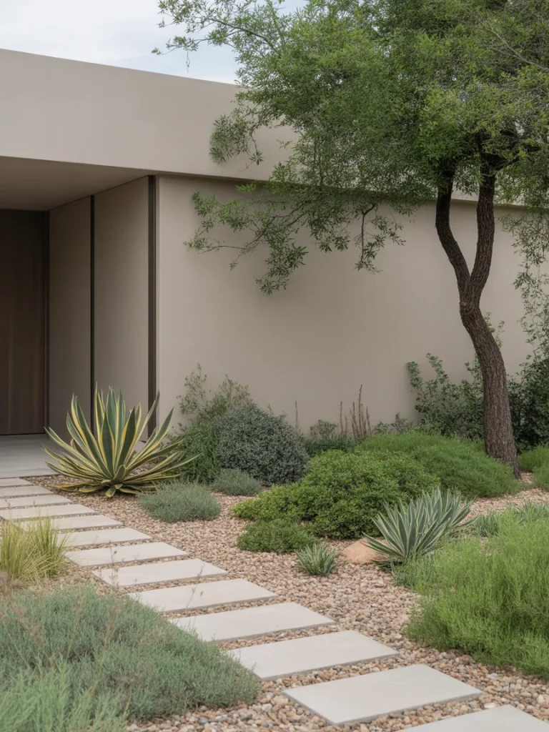 Sustainable front yard landscaping with native plants, gravel, and concrete stepping stones