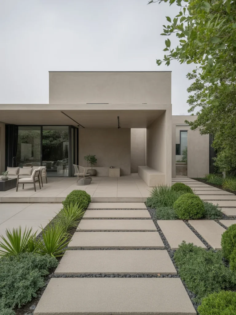 Contemporary outdoor design using concrete and stone with clean lines and minimalist landscaping