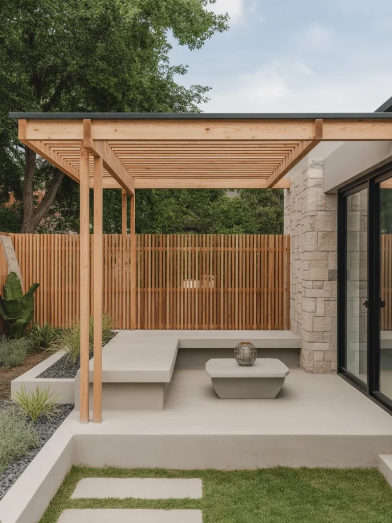 Modern backyard patio with wooden pergola, concrete seating, and warm natural accents