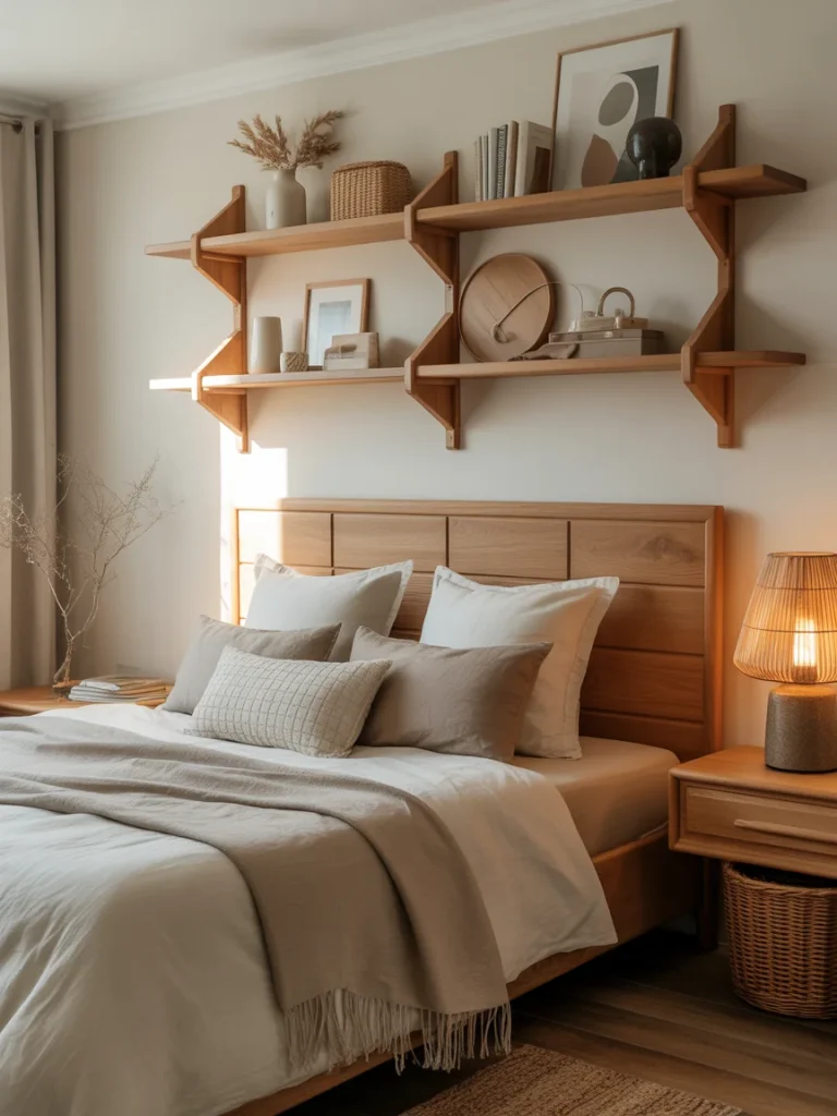 Wooden shelves above the bed adding warmth and texture with neutral decor and soft lighting