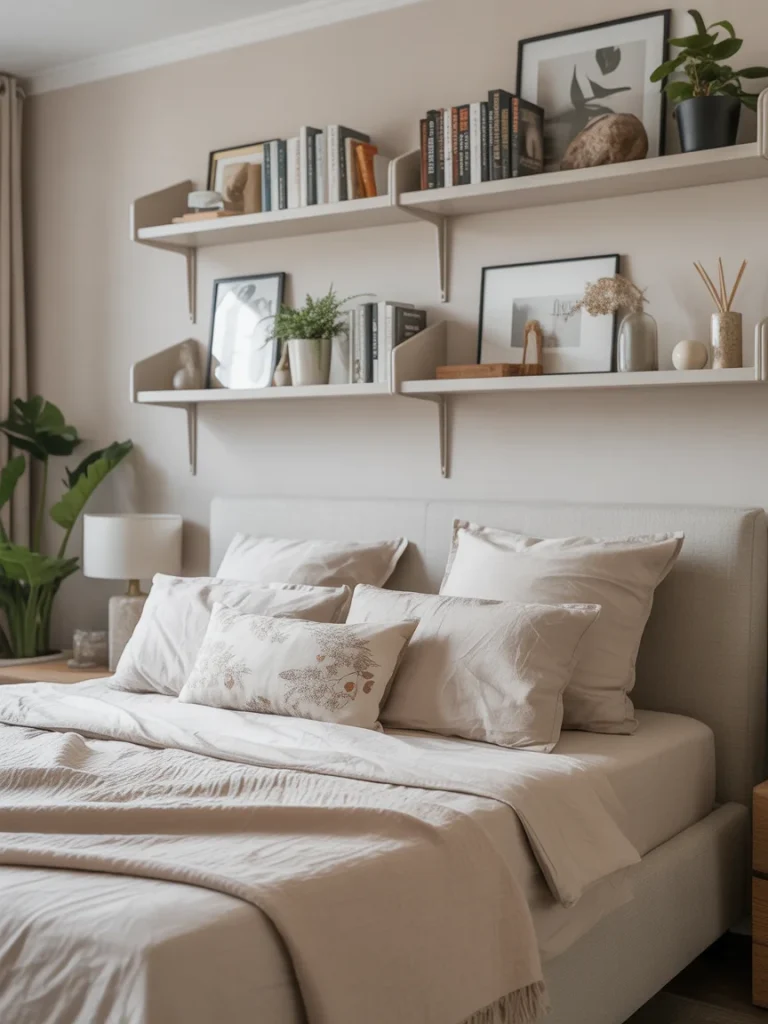 Bedroom shelf ideas with styled wall shelves, books, plants, and framed prints above bed