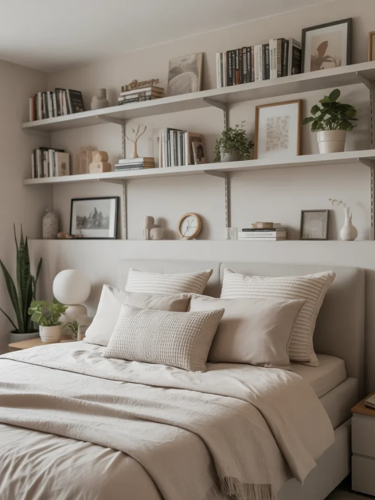 Bedroom shelf ideas with white floating shelves, books, framed art, and neutral decor