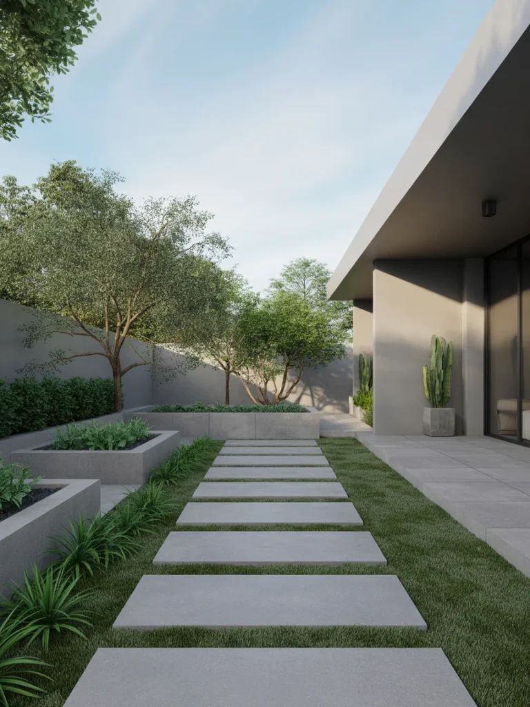 Modern backyard landscaping with concrete stepping stone pathway and minimalist plants