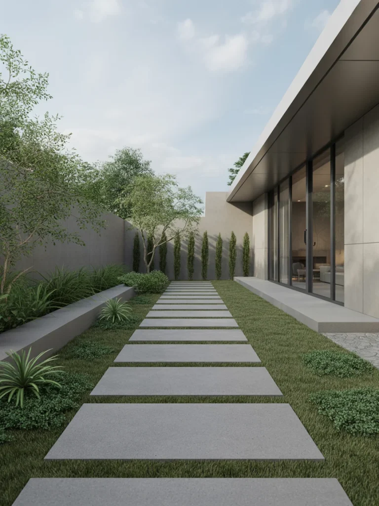 Modern minimalist landscaping with concrete stepping stones and greenery