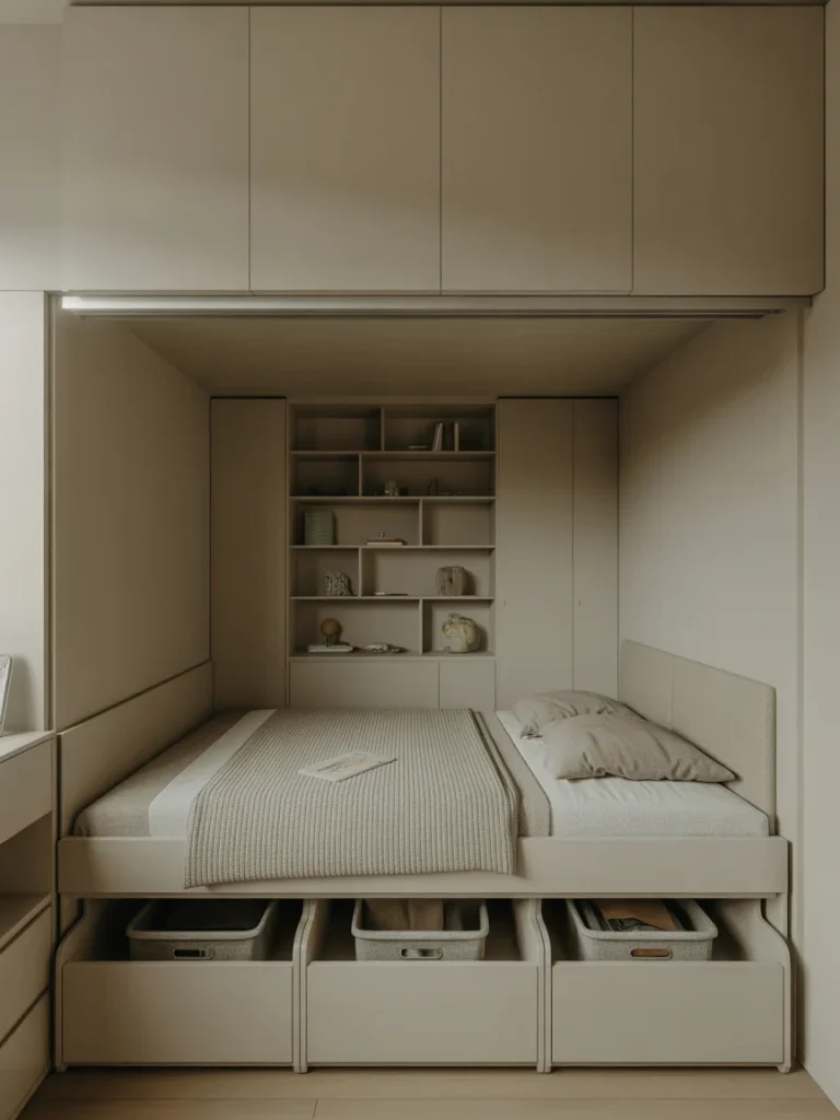 Tiny bedroom with bed featuring hidden storage drawers and built-in shelving