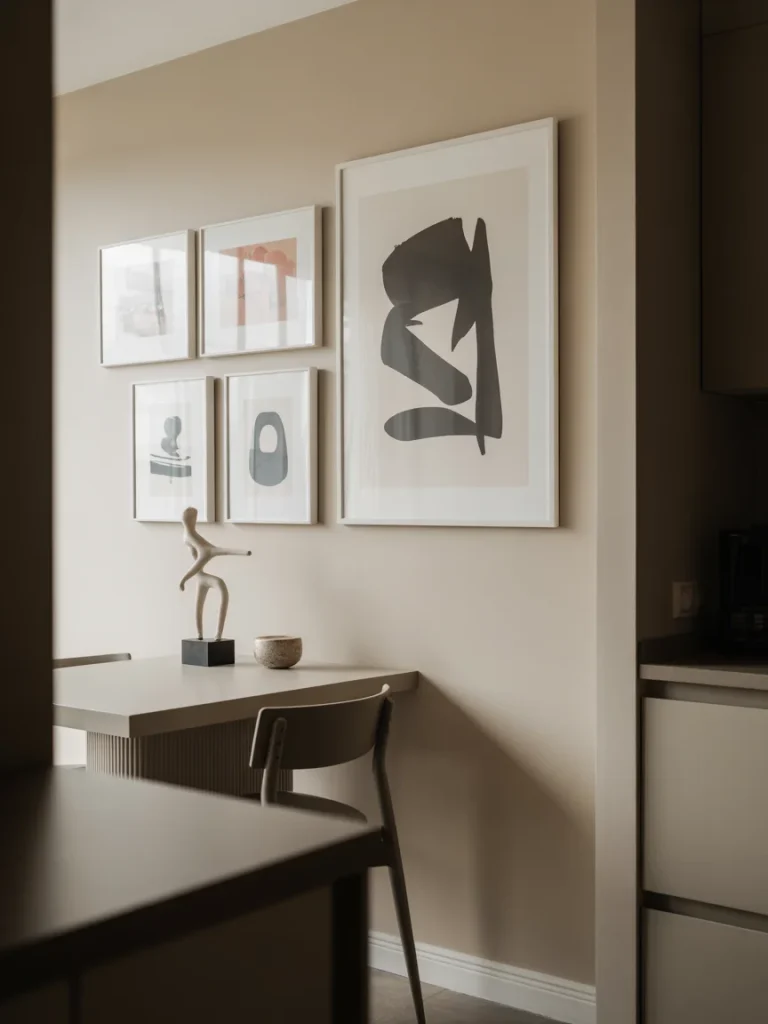 Modern dining nook with wall art gallery and minimalist decor
