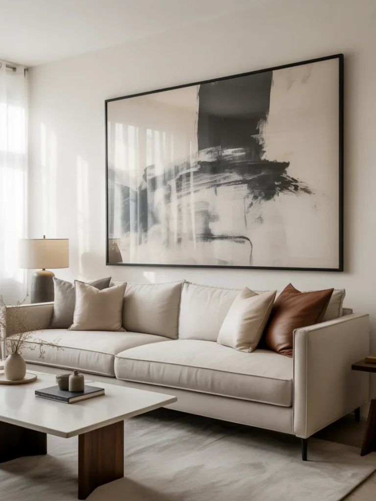 Modern living room with large abstract wall art above neutral sofa