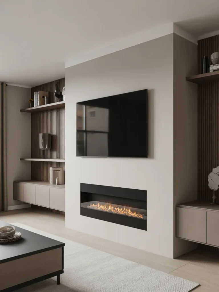 Asymmetrical fireplace and TV wall layout with modern built-in shelves and linear electric fireplace