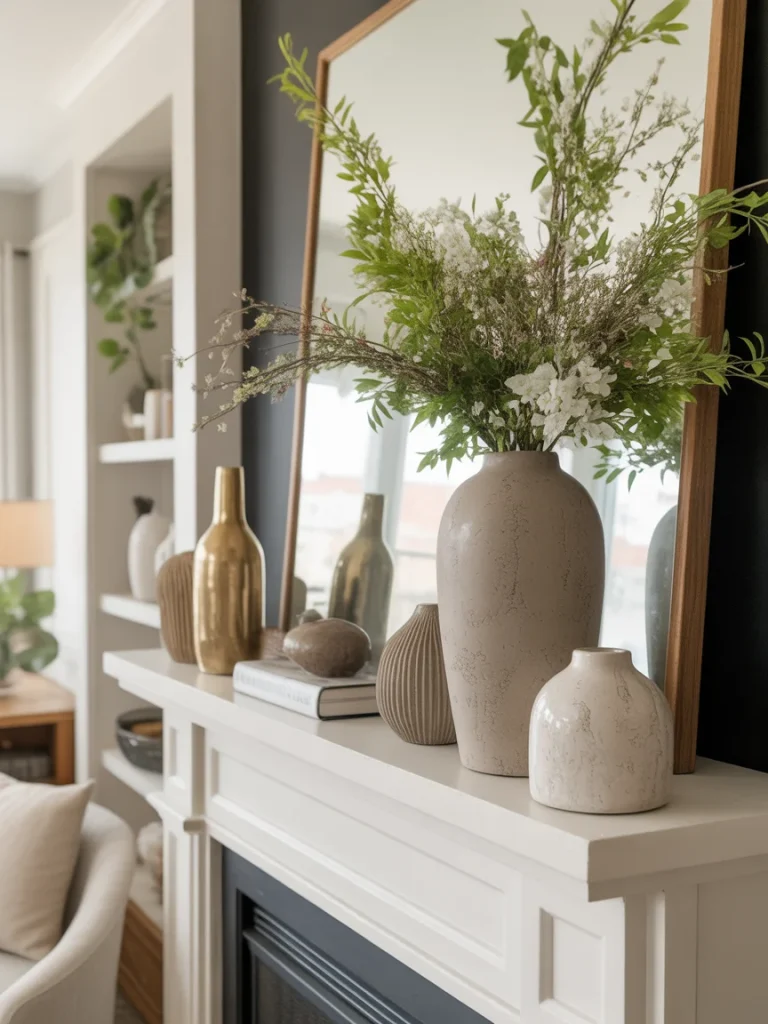 Asymmetrical modern mantel design with vases and greenery arrangement