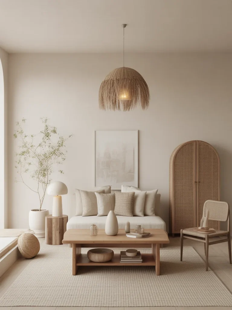 Balanced boho living room with neutral decor and natural textures