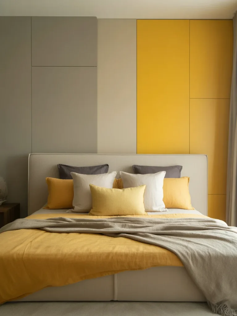 Bedroom with yellow accents balanced by neutral gray and beige tones