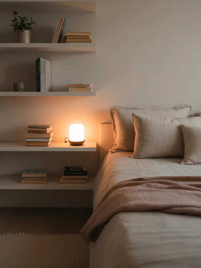Floating shelves beside a bed with books, decor, and a warm bedside lamp