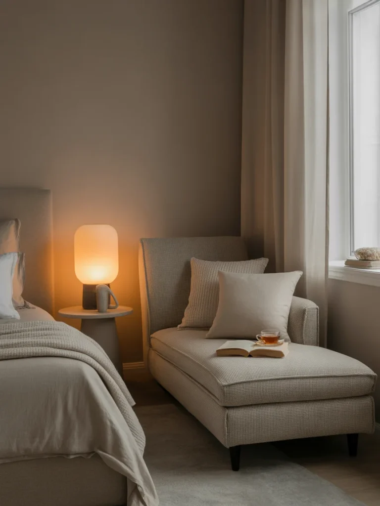 Cozy bedroom reading nook with chaise lounge and warm bedside lamp