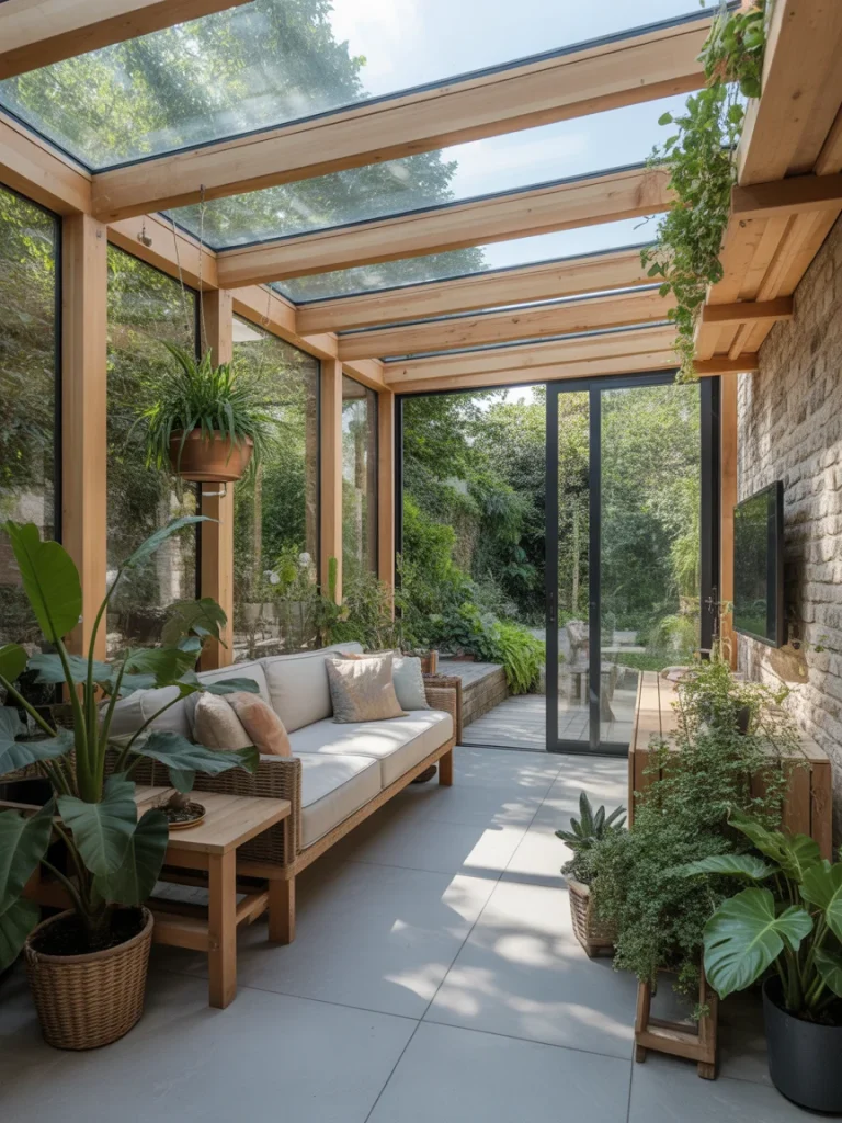 Biophilic garden room extension with indoor plants, glass roof, and natural wood