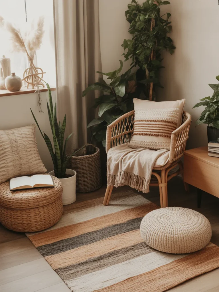 Boho style reading nook with wicker chair, plants, and cozy textiles