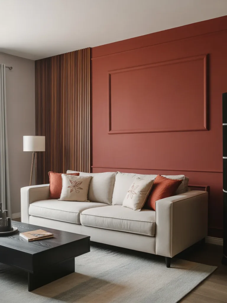 Living room with bold terracotta accent wall and beige sofa