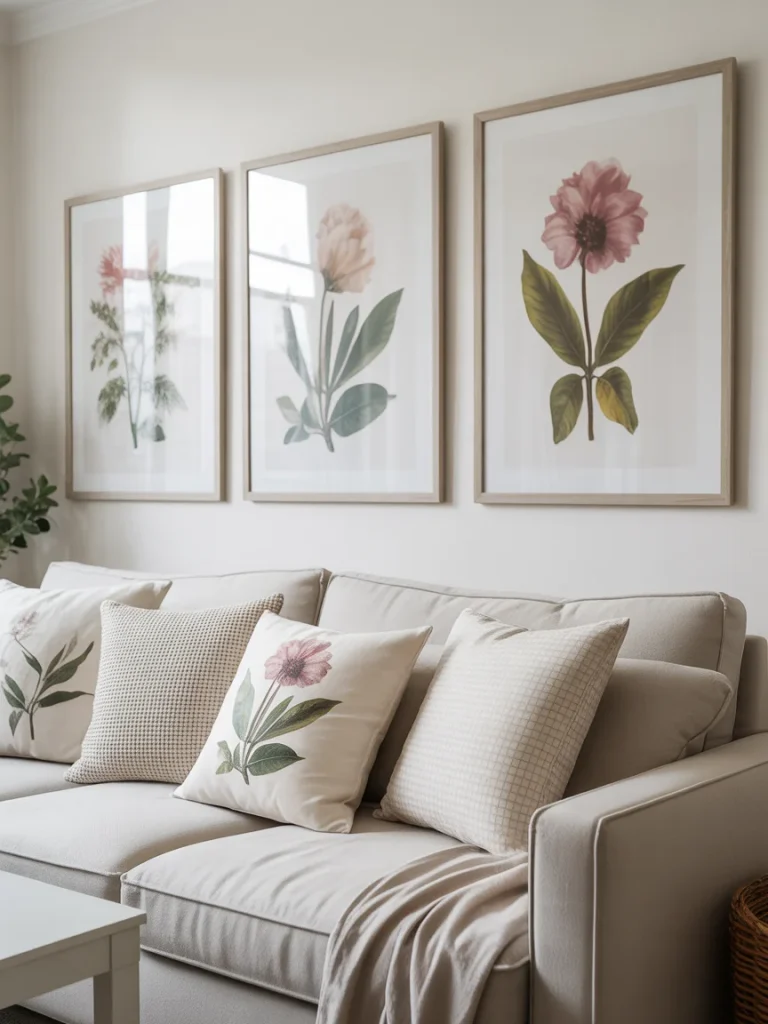 Botanical wall art prints above a neutral sofa with floral accent pillows