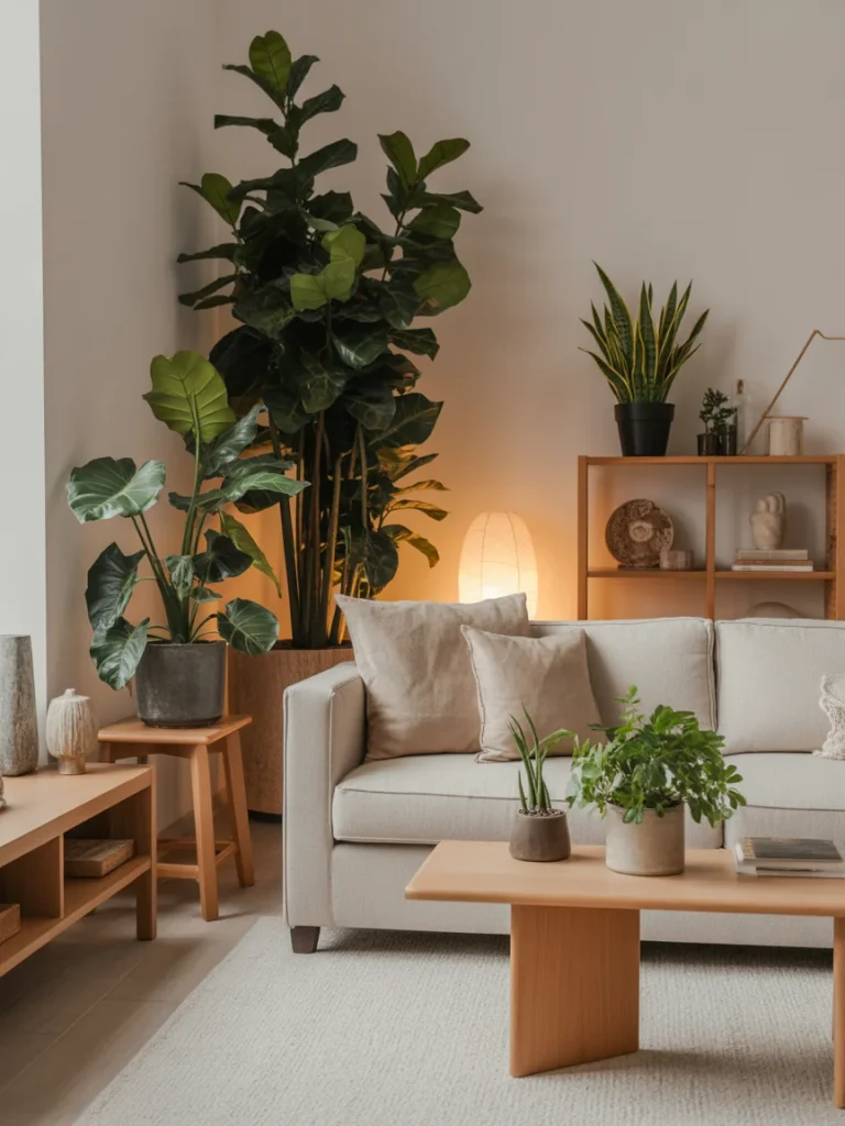 Modern living room with large indoor plants, wooden furniture, and soft ambient lighting