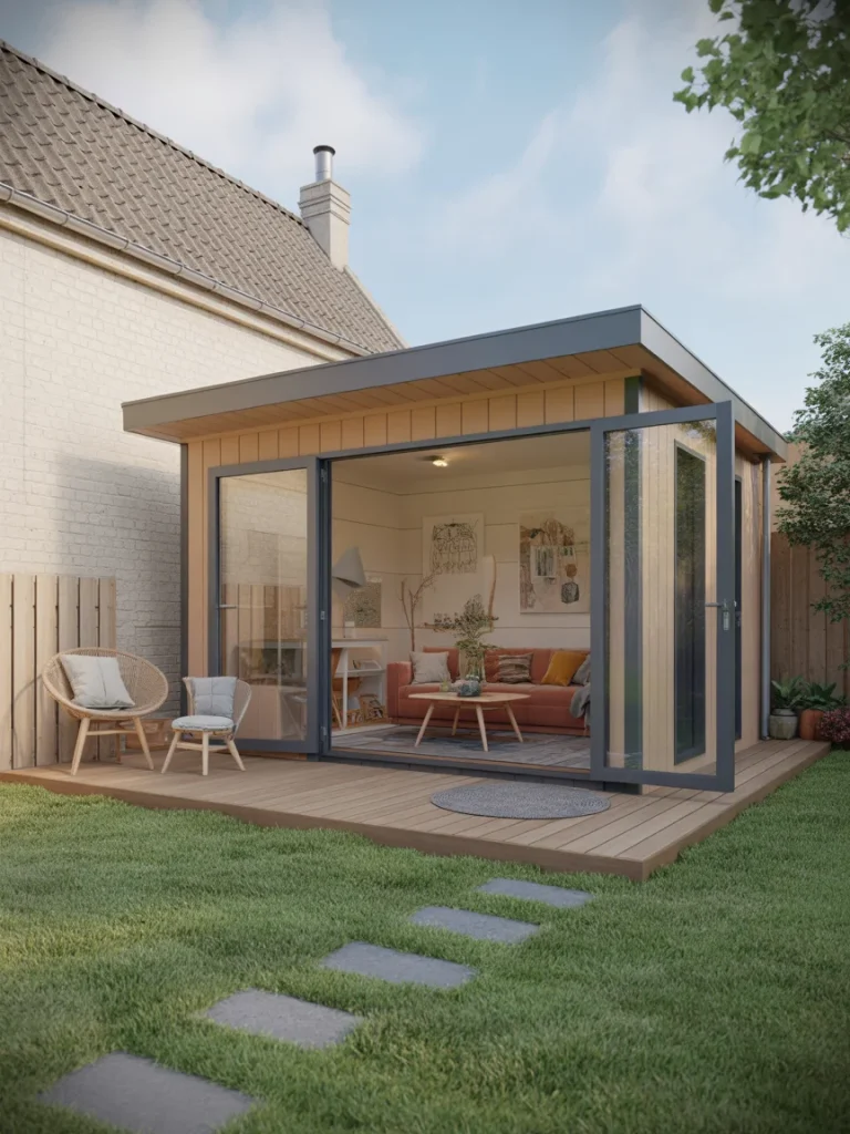 Budget-friendly garden room extension with sliding glass doors and wooden exterior