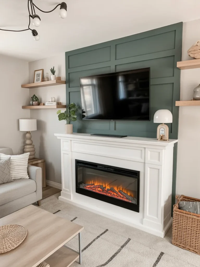 Budget-friendly fireplace and TV wall with green paneled accent, white mantel, and electric fireplace