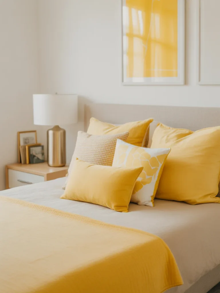 Bedroom with yellow accent pillows and throw for a budget-friendly decor update
