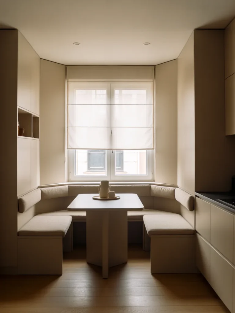Built-in bench seating breakfast nook with compact table in a modern dining corner