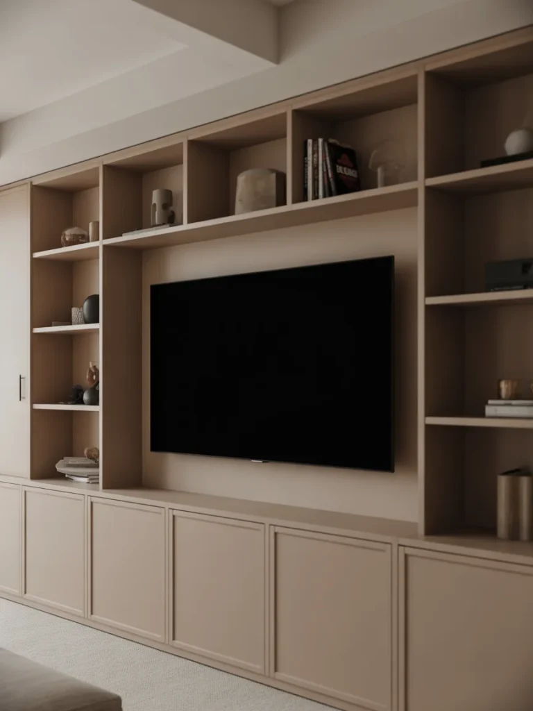 Built-in entertainment center with wall-mounted TV and custom shelving