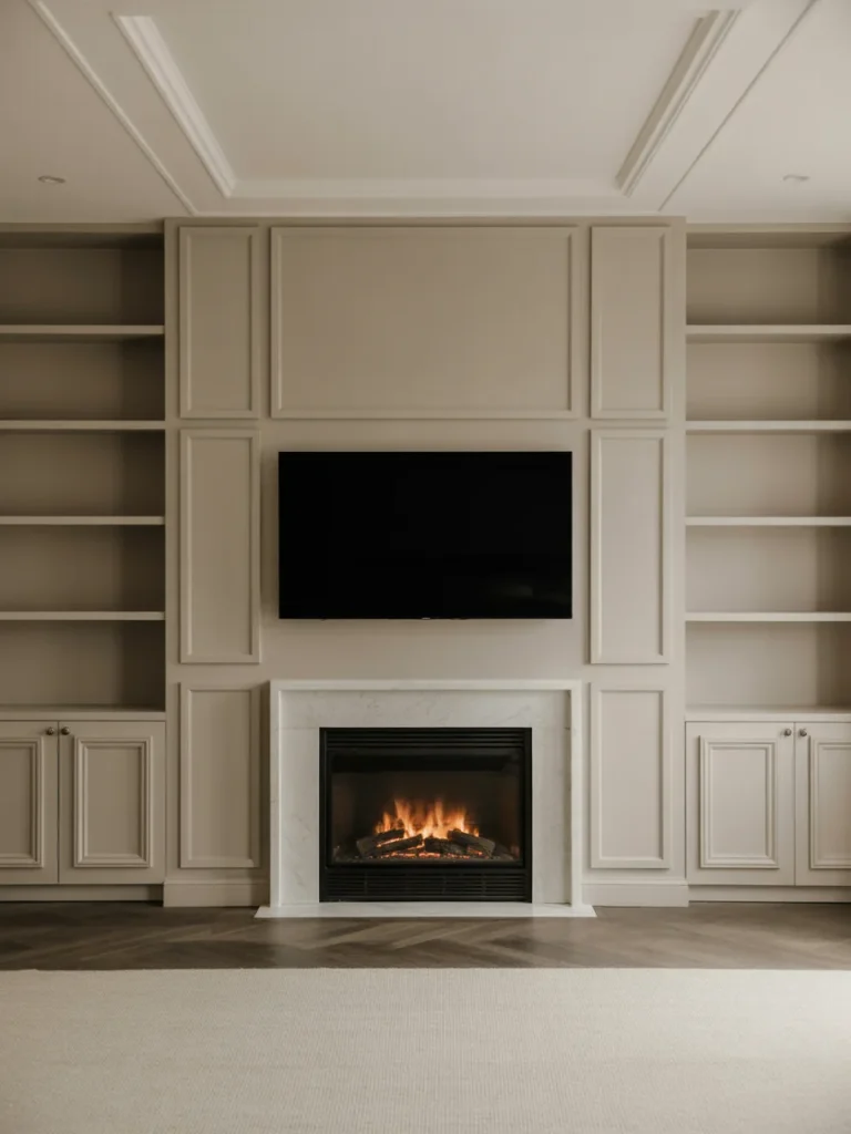 Built-in fireplace and TV wall with classic paneled cabinetry, marble fireplace surround, and symmetrical shelving in a neutral living room