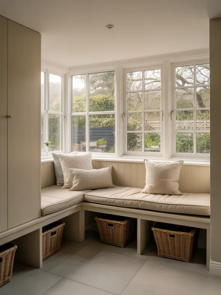 Built-in bench seating with storage baskets in bright garden extension