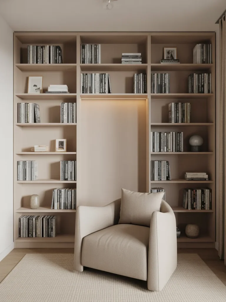 Built-in shelf reading nook with cozy armchair and wall of books