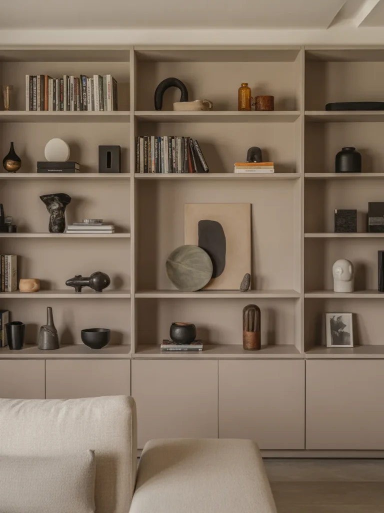 Built-in shelving wall with books, ceramics, and neutral decor accents
