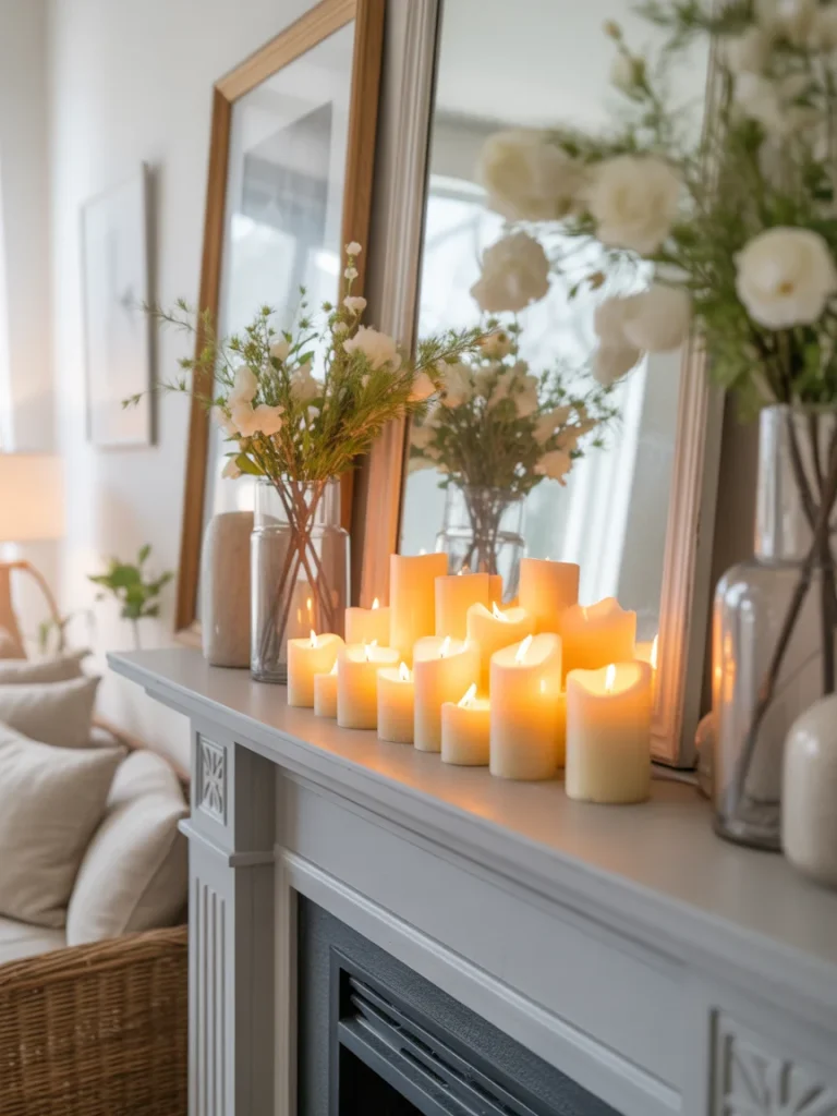 Spring mantel with layered candles, mirrors, and fresh flowers