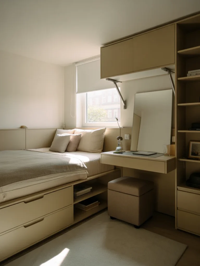 Tiny bedroom with multi-functional bed, storage drawers, and compact vanity desk