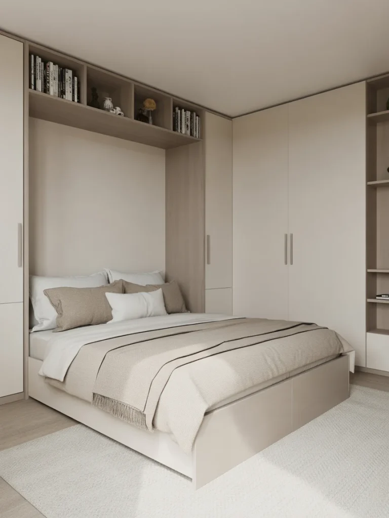 Tiny bedroom with space-saving bed design and built-in storage wardrobes