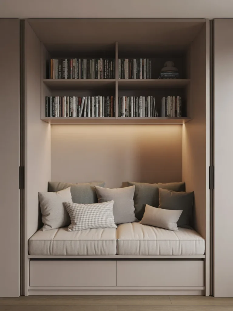 Closet-turned reading nook with cushioned bench and built-in bookshelf