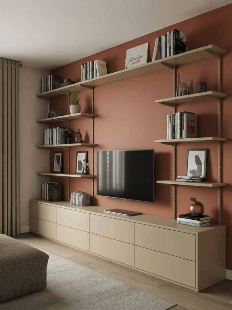Colored floating shelves on a warm terracotta accent wall surrounding a modern wall-mounted TV