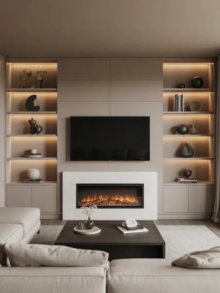 Contemporary fireplace wall with mounted TV, built-in shelves, and integrated LED lighting in a modern living room